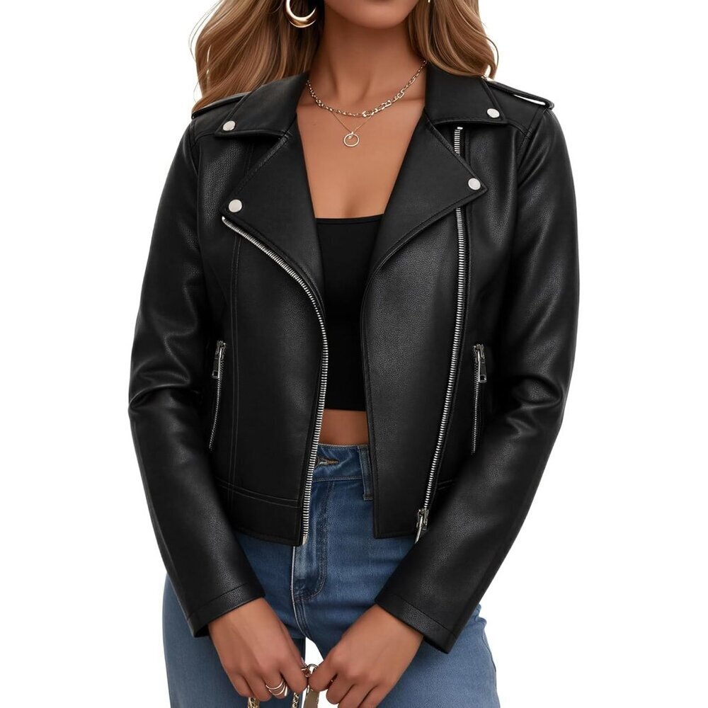 Women's Charcoal Black Faux Leather Cropped Coat Cute Short Zip Up Casual Jacket